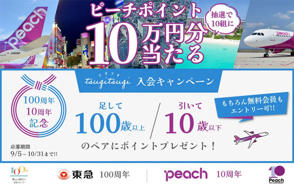 ピーチは、無料登録だけでピーチポイント10万円分が当たるキャンペーンを開催！
