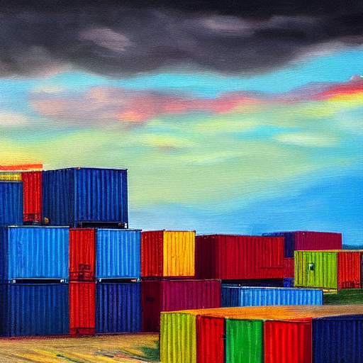 Containers piled up in a dark harbor and a rainbow Oil Painting1
