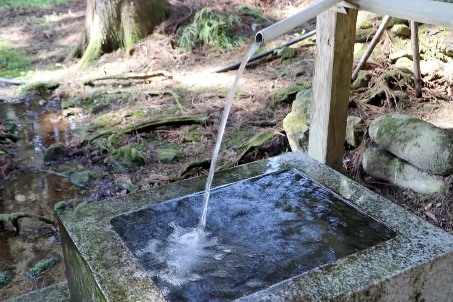 八木神社手水舎の手水鉢に導水された八木ヶ鼻湧水