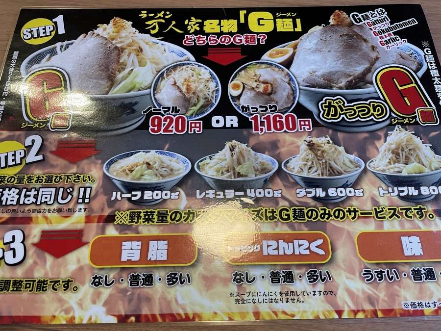 万人家G麺メニュー表
